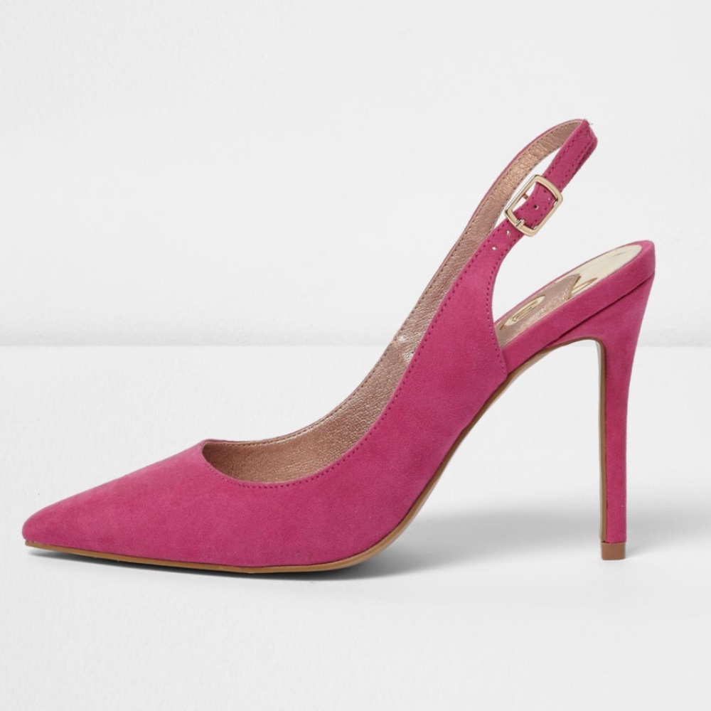 River Island Hot Pink Slingback Heels Pointed Toe Faux Suede US Size 8 Heel 4”